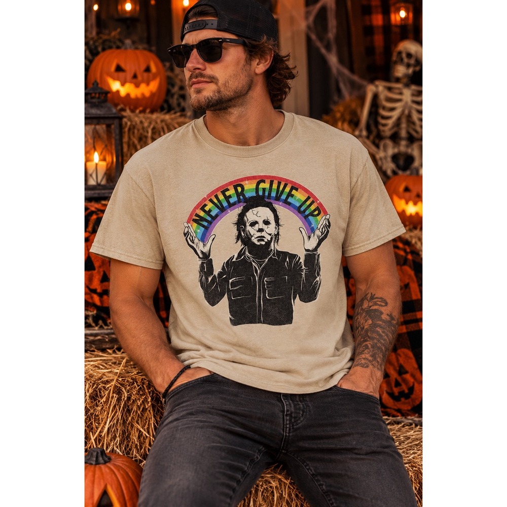 Halloween Michael Myers Never Give Up Rainbow Graphic T-Shirt Mens Medium Tan